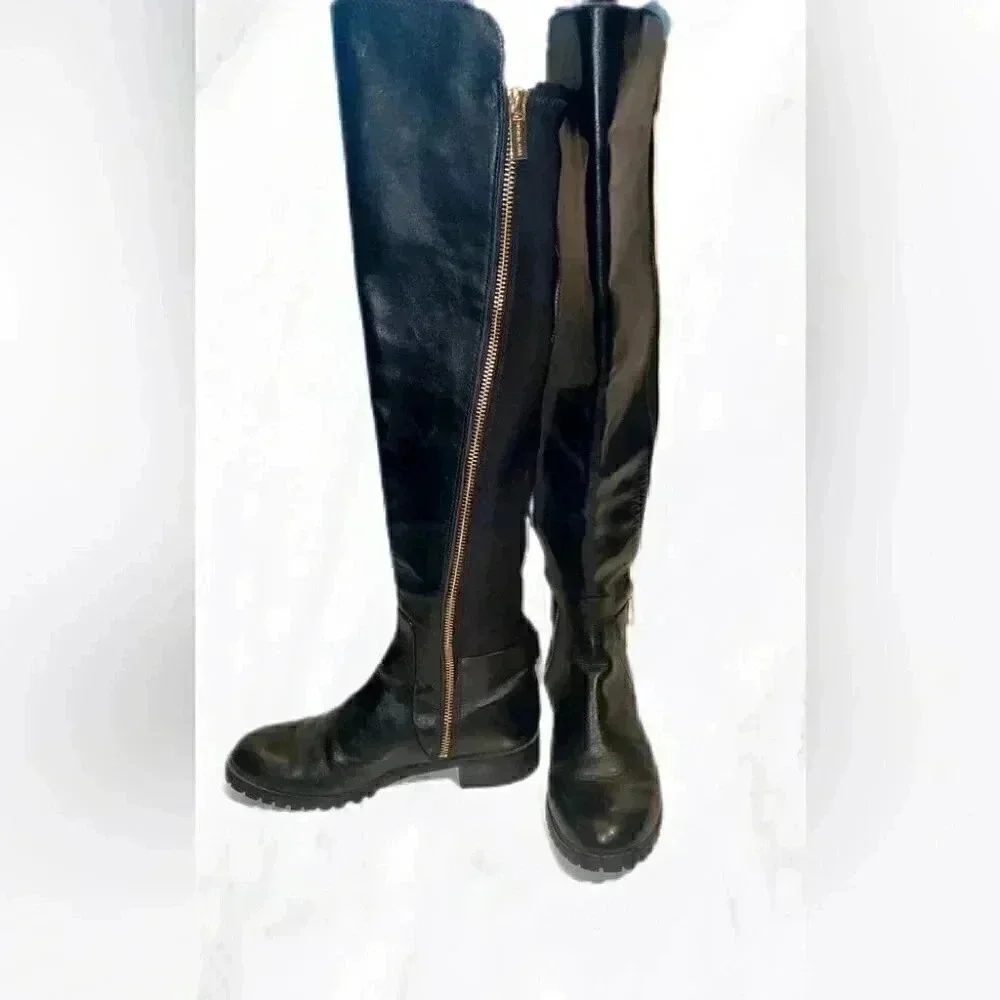 Micheal Kors black knee high gold zipper rubber sole leather riding boots 5.5